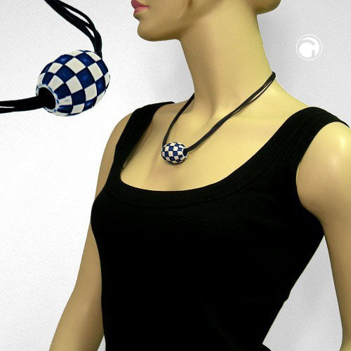 Kette 32x26mm Olive Kunststoff Karo beige und blau Kordel dunkelblau 50cm