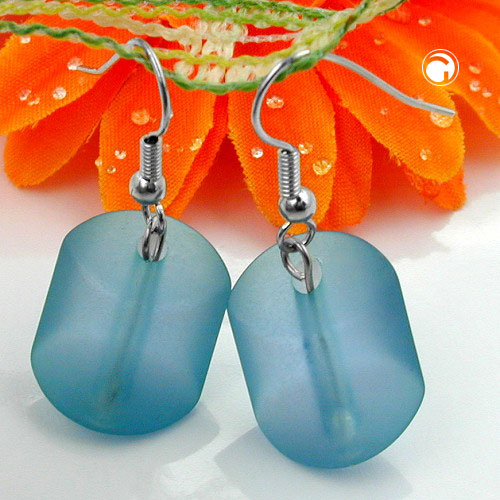 Ear hook earrings earrings 37x15mm slanted bead plastic turquoise-transparent-matt