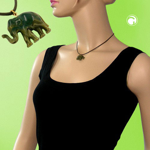 Chain 23x17x9mm elephant mini plastic olive-marbled shiny cord olive 40cm