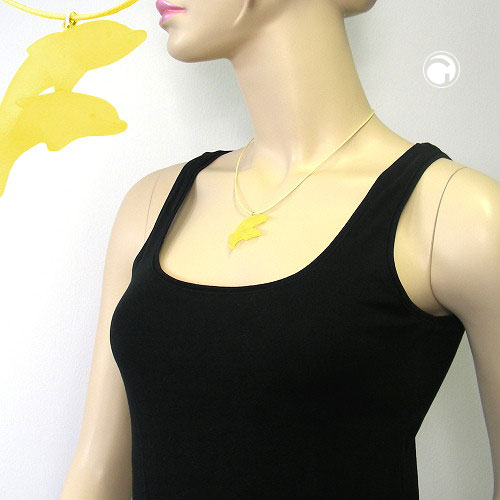 Children's necklace 40x22mm pendant plastic jumping dolphins yellow-matt cord light yellow 45cm