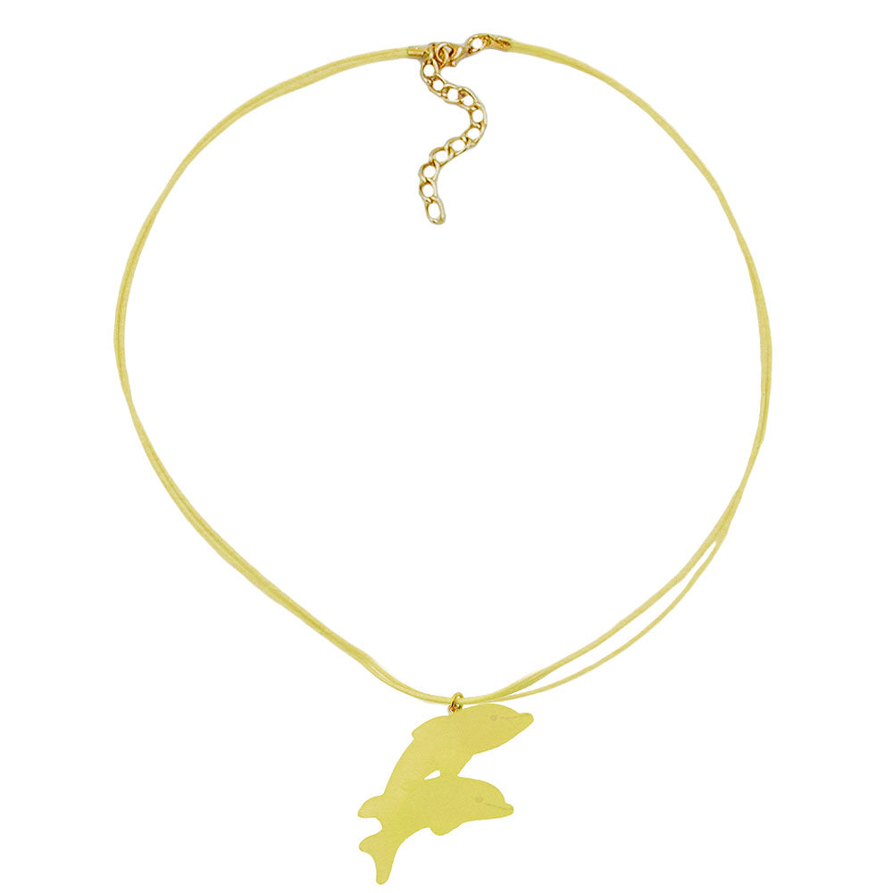 Children's necklace 40x22mm pendant plastic jumping dolphins yellow-matt cord light yellow 45cm