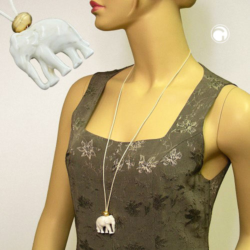 Chain 35x32x18mm elephant plastic white-grey-marbled cord beige 90cm