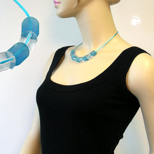 Necklace slanted bead plastic turquoise and crystal-transparent shiny silk cord turquoise 45cm