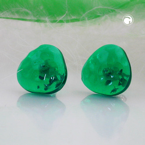 Stud earring 14mm triangle green-transparent hammered plastic