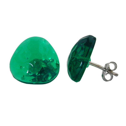 Stud earring 14mm triangle green-transparent hammered plastic