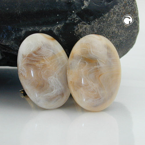 Clip earring 27x19mm oval beige-horn-marbled shiny plastic button