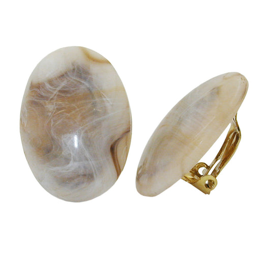 Clip earring 27x19mm oval beige-horn-marbled shiny plastic button