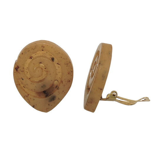 Clip earring 30x25mm pointed oval snail brown-marbled plastic button