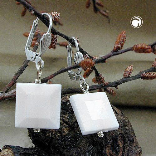 Ear leverback earrings 35mm silver-colored square white-shiny plastic pearl