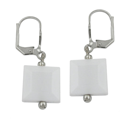 Ear leverback earrings 35mm silver-colored square white-shiny plastic pearl