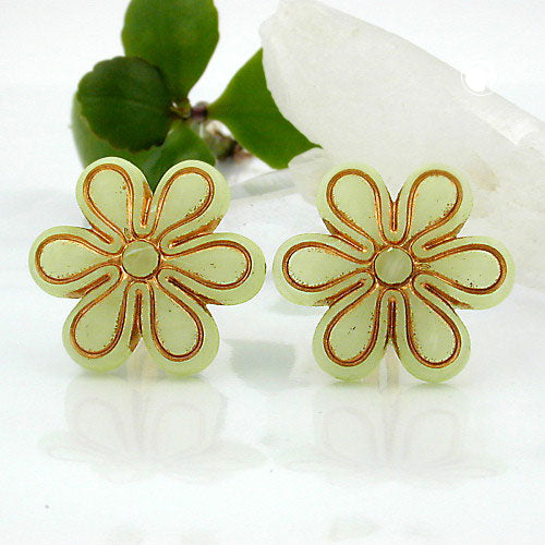 Clip earring 30mm flower light green-transparent-gold matt plastic button