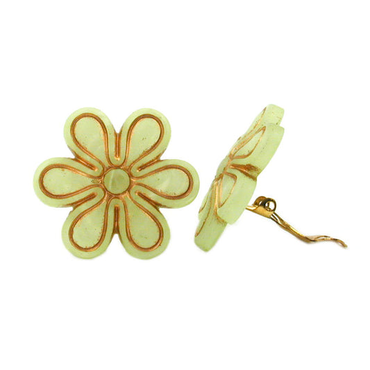 Clip earring 30mm flower light green-transparent-gold matt plastic button