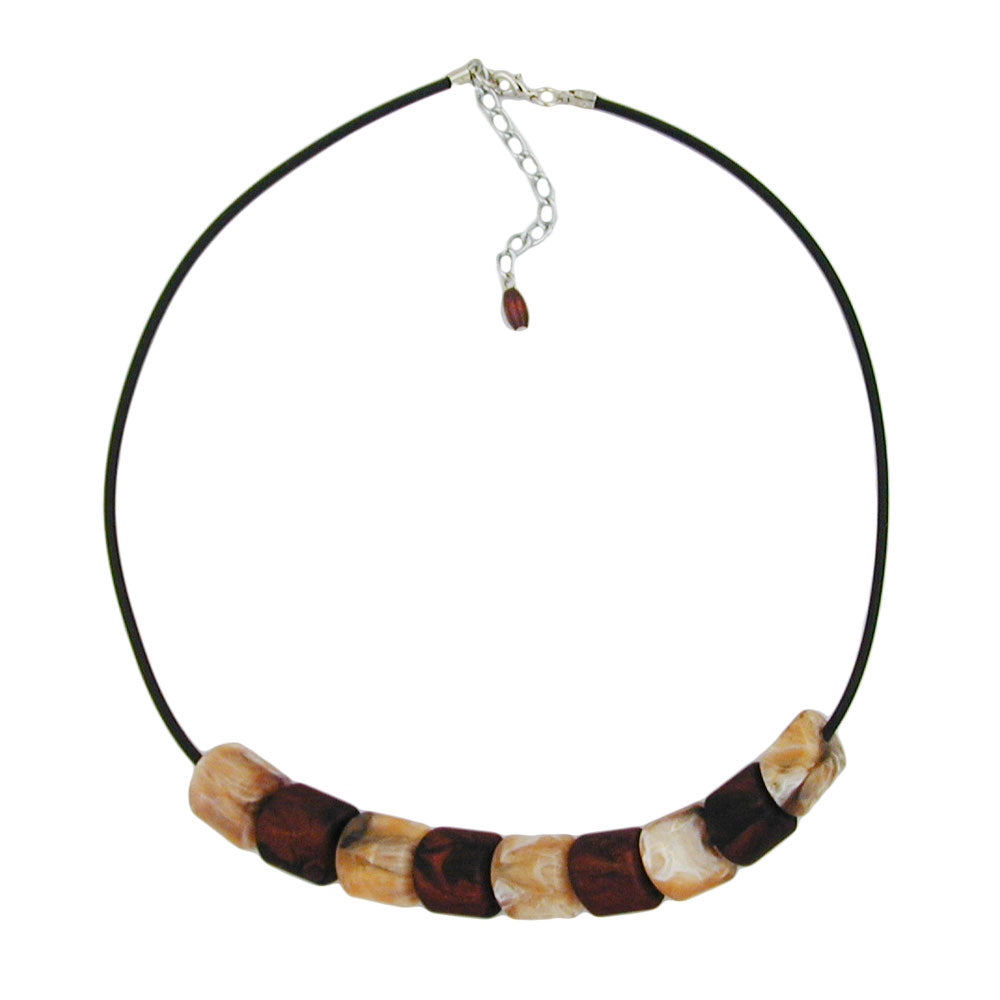 Necklace slanted bead plastic brown-marbled and beige-marbled solid rubber black 45cm