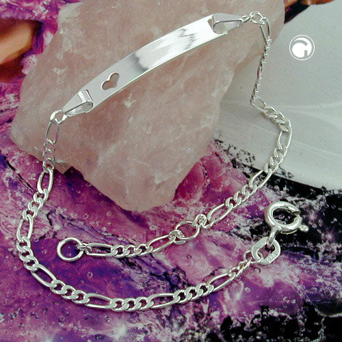 Schildarmband 2mm Figarokette mit Herz Armband mit Gravurplatte 25x5x1mm Silber 925