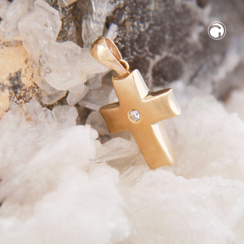 Pendant 18x12x3.7mm cross with zirconia matt shiny 9Kt GOLD