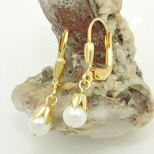 Ear leverback earring earrings 25x5mm freshwater pearl, 9K GOLD