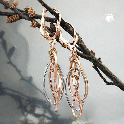 Ear leverback earrings earrings 43x8mm 3 ovals hanging bicolor white gold 9Kt rose gold