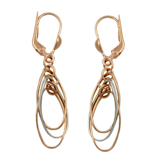 Ear leverback earrings earrings 43x8mm 3 ovals hanging bicolor white gold 9Kt rose gold