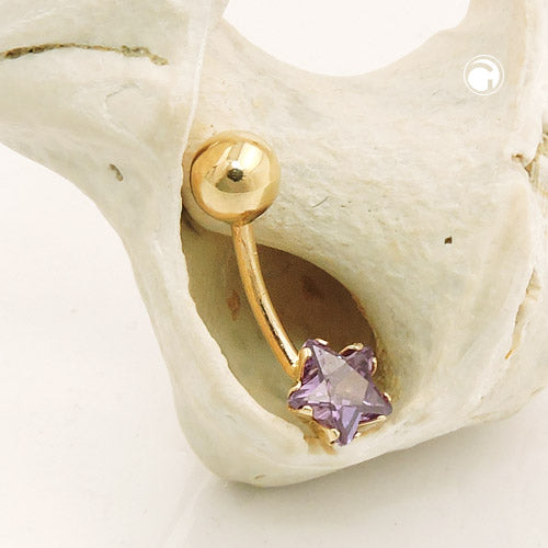 Belly button piercing Banana 18x6mm star zirconia amethyst with ball 14Kt