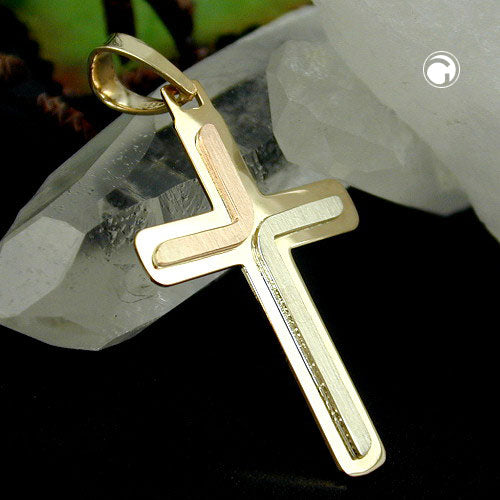 Pendant 30x19mm cross tricolor matt-glossy 14Kt GOLD