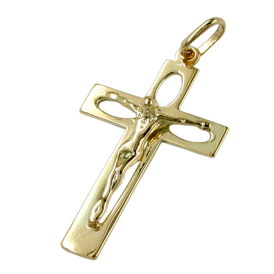 Pendant 28x17mm cross with Jesus openwork shiny 14Kt GOLD
