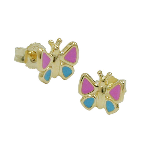 Stud earring 7mm butterfly pink-light blue 9Kt GOLD