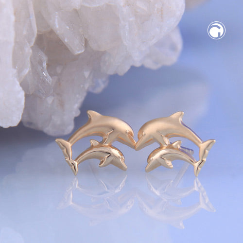 Stud earrings 10x7mm dolphin pair matt-shiny 9Kt GOLD