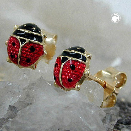 Stud earring 6mm ladybug red-black lacquered 9Kt GOLD
