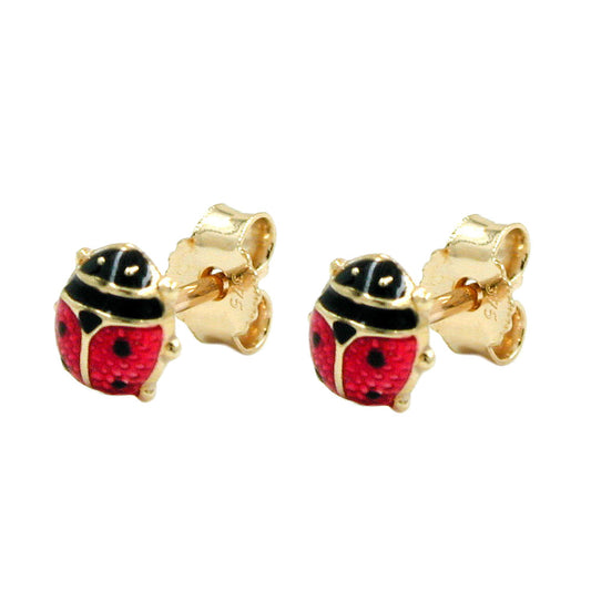 Stud earring 6mm ladybug red-black lacquered 9Kt GOLD