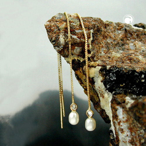 Pull-through earring 93mm Venetian chain cultured pearl zirconia 9Kt GOLD
