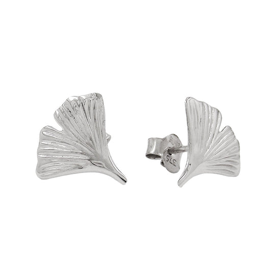 Stud earring 12mm ginkgo leaf shiny 9Kt white gold