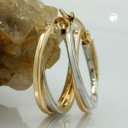 Hoop earring 19x2mm bicolor yellow gold and white gold 9Kt GOLD