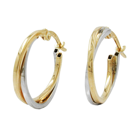 Hoop earring 19x2mm bicolor yellow gold and white gold 9Kt GOLD