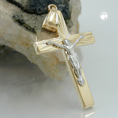 Pendant 34x17mm cross with Jesus bicolor shiny diamond-cut 9Kt GOLD