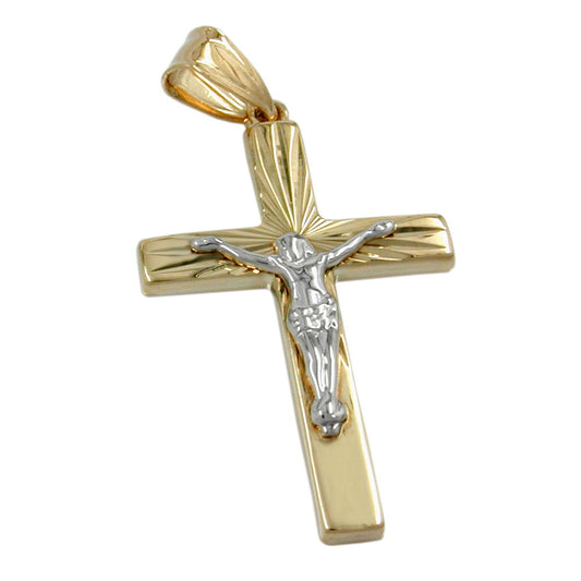 Pendant 34x17mm cross with Jesus bicolor shiny diamond-cut 9Kt GOLD