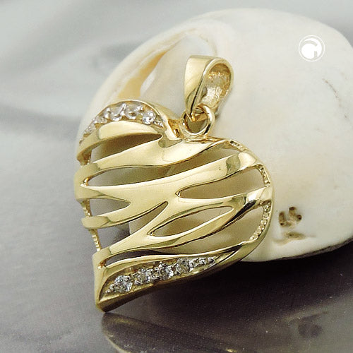Pendant 17x20mm heart shiny with 9 zirconias 9Kt GOLD