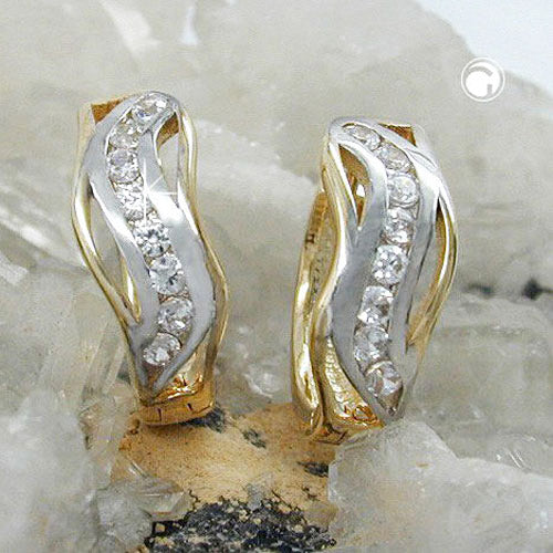 Hoop earring 13x5mm hinged bicolor zirconias 9Kt GOLD