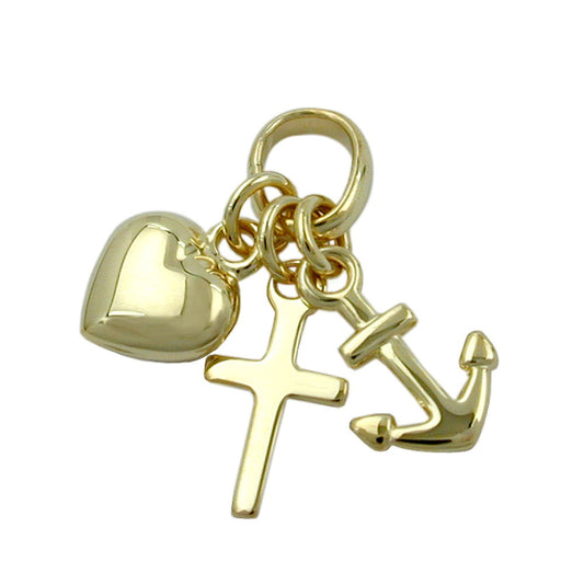 Pendant 15mm Faith-Love-Hope shiny 9Kt GOLD