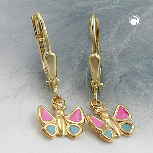 Ear leverback earrings earrings 22x7mm butterfly light blue-pink 9K GOLD