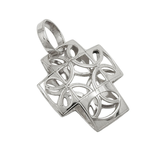 Pendant 14x12mm cross filigree curved semicircle pattern 9Kt white gold