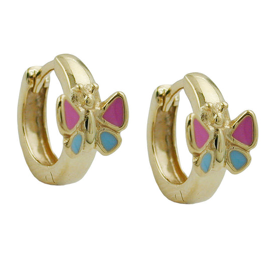 Hoop earrings 12x7mm folding hinge butterfly pink-blue lacquered 9Kt GOLD