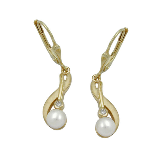 Ear clip earrings 30x6mm freshwater cultured pearl zirconia 9Kt GOLD