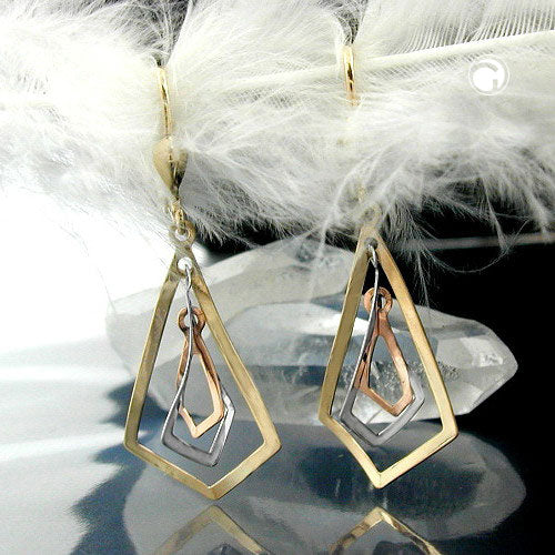 Ear leverback earrings earrings 40x16mm 3 rhombuses tricolor 9K GOLD