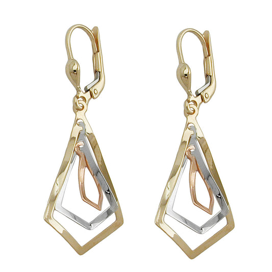 Ear leverback earrings earrings 40x16mm 3 rhombuses tricolor 9K GOLD