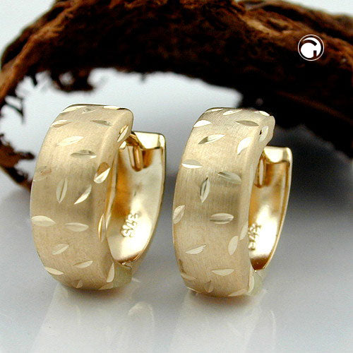 Hoop earring 12x5mm folding hinge matte diamond-cut 9Kt GOLD