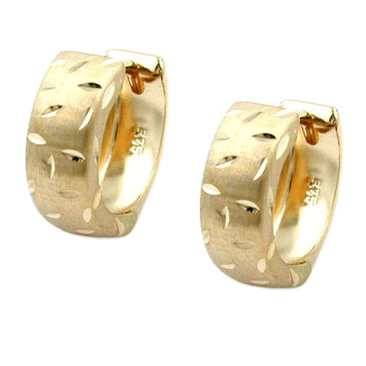 Hoop earring 12x5mm folding hinge matte diamond-cut 9Kt GOLD