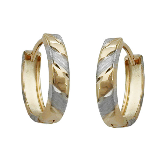 Hoop earring 12x3mm folding hinge bicolor diamond-cut 9Kt GOLD