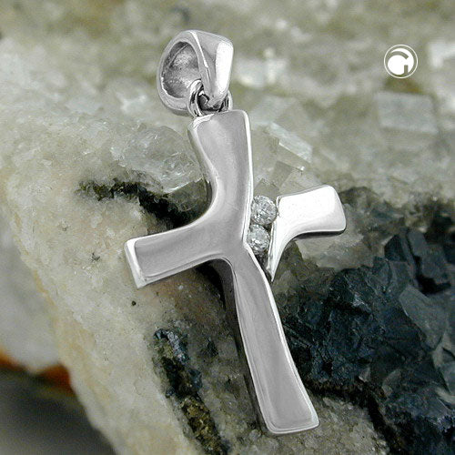 Pendant 19x12mm cross shiny with 2 zirconias 9Kt white gold