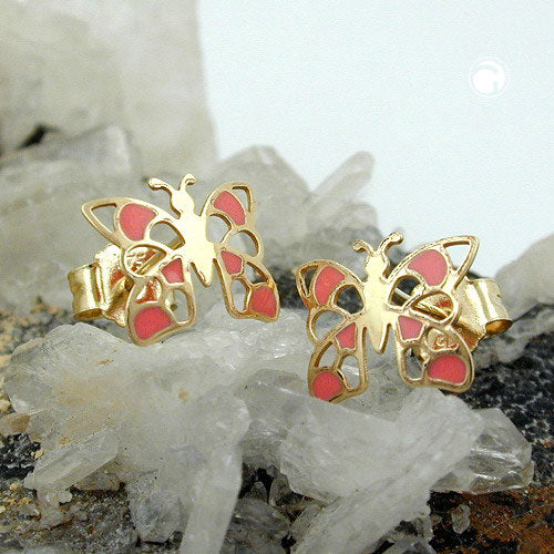 Stud earring 7x8mm butterfly orange 9Kt GOLD