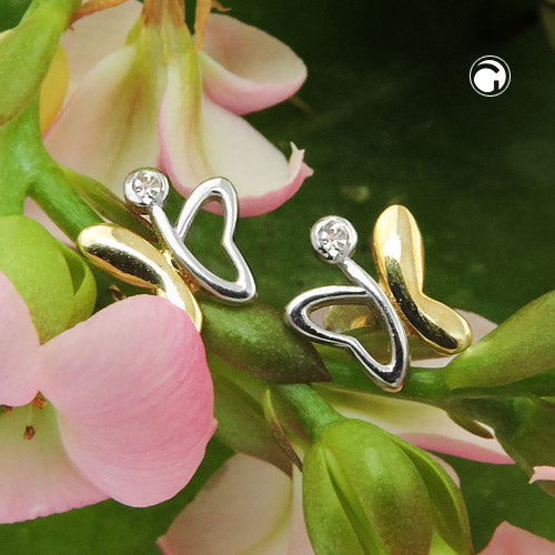 Stud earring 8x7mm butterfly bicolor shiny 9Kt GOLD